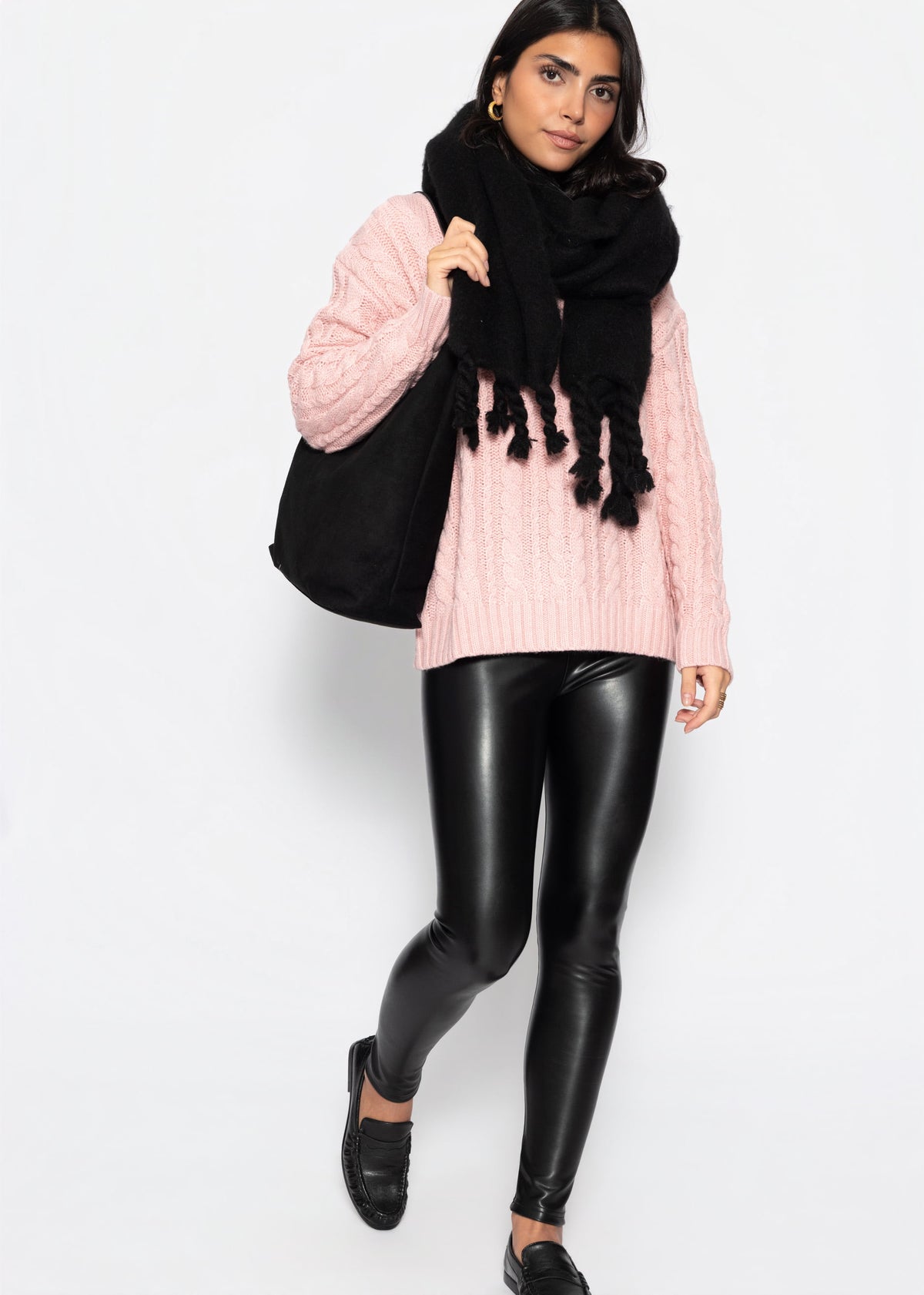 Zopfstrickpullover mit V-Ausschnitt - rosa