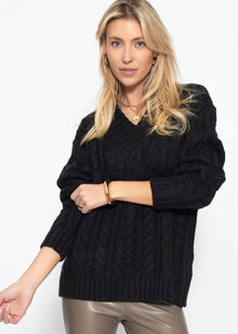 Cold rope sweater with V -neck - black