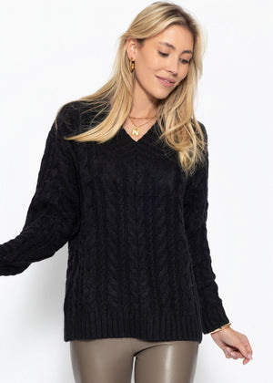 Cold rope sweater with V -neck - black