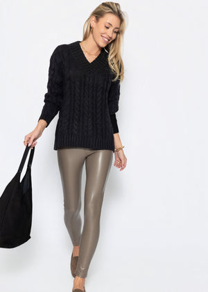 Cold rope sweater with V -neck - black