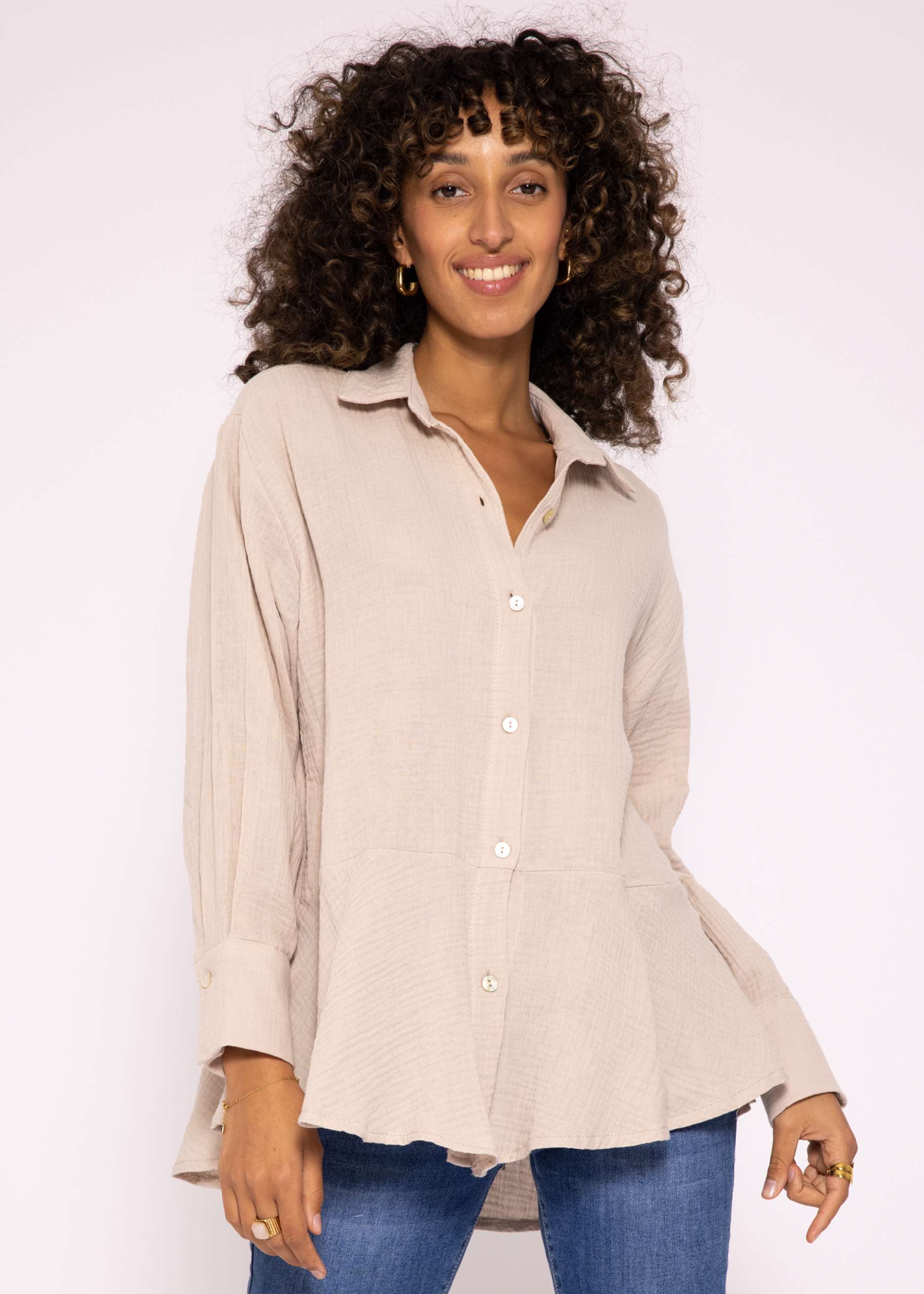 Muslin blouse with flounce, beige