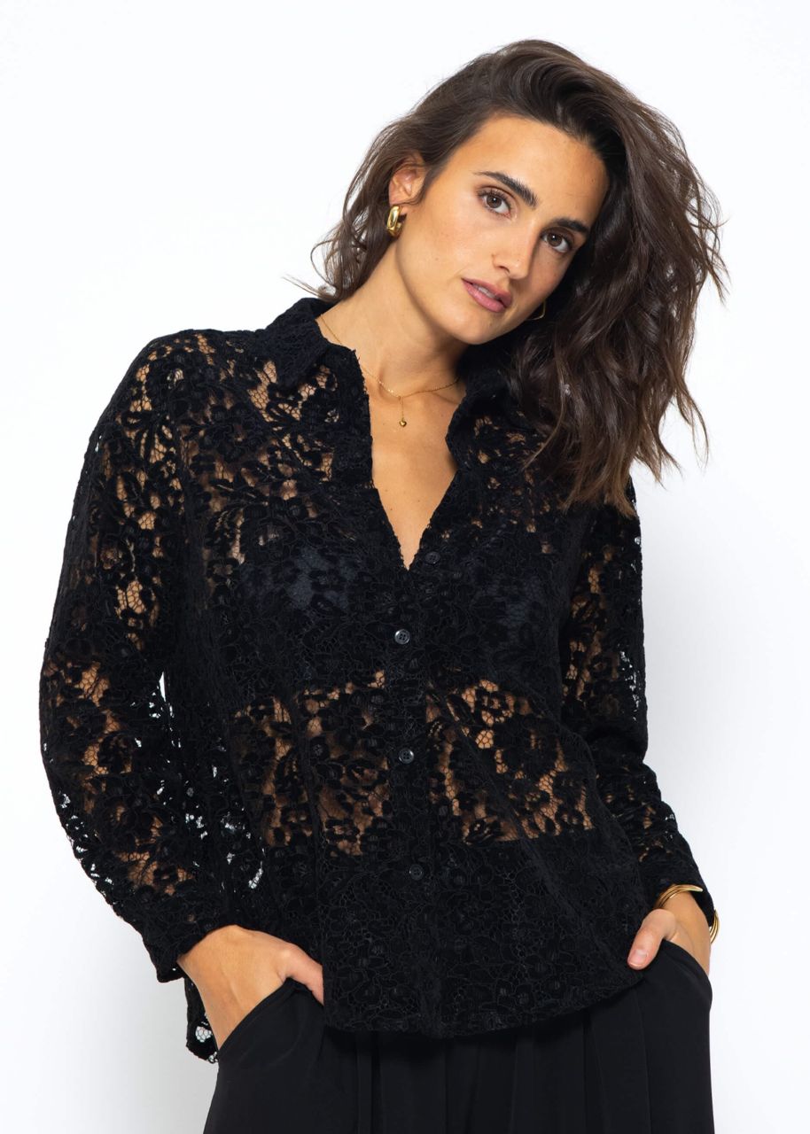 Lace blouse with velvet effect - black