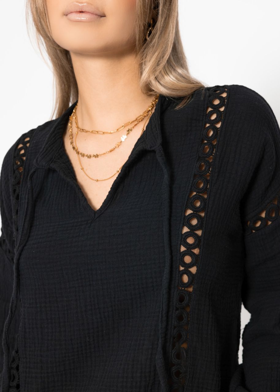 Muslin blouse with lace insert - black