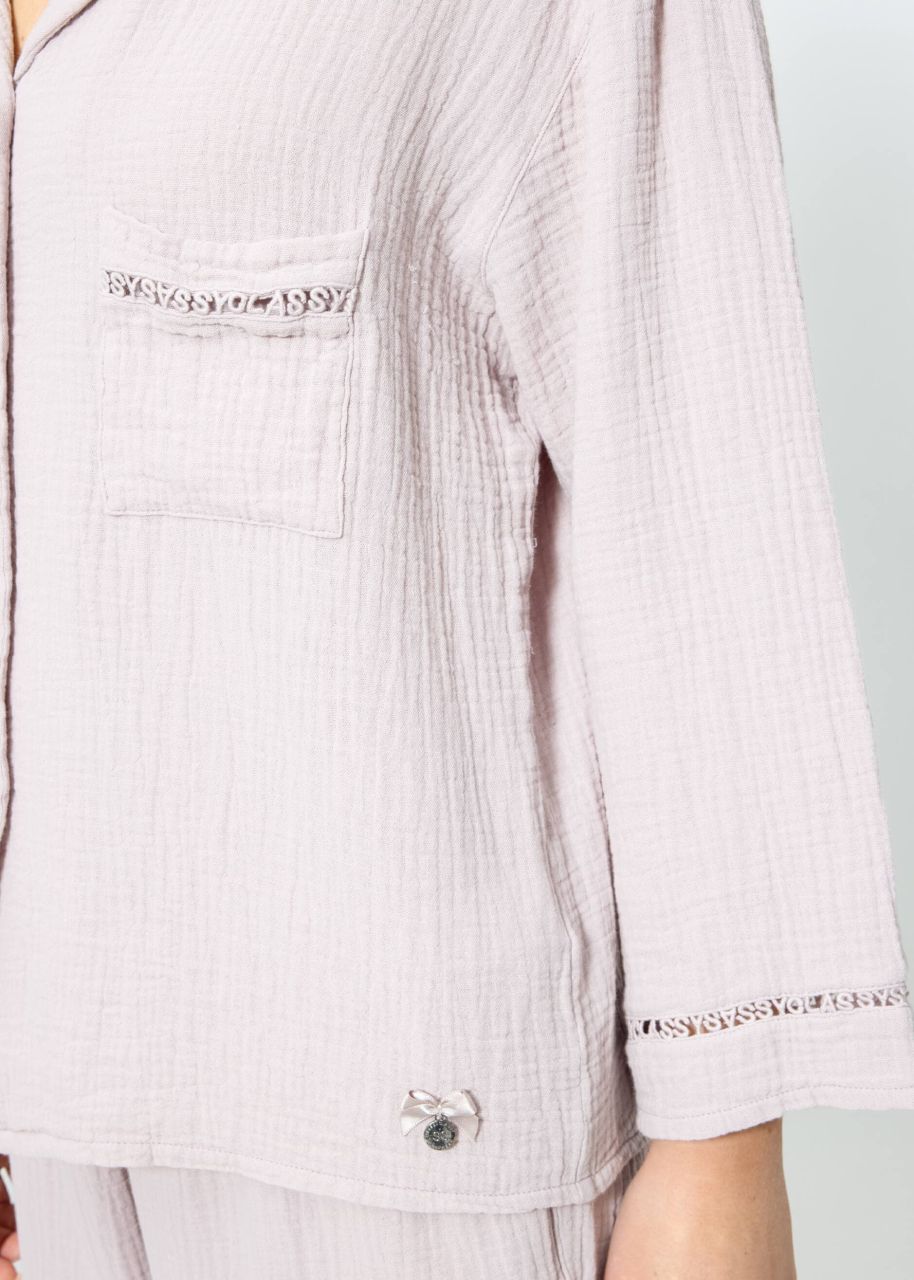 Muslin pyjama blouse with lace trim - dusky pink