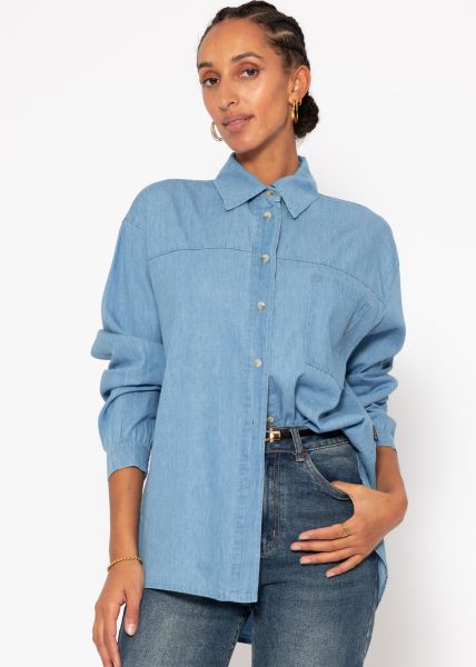 Casual denim shirt blouse with breast pocket - blue