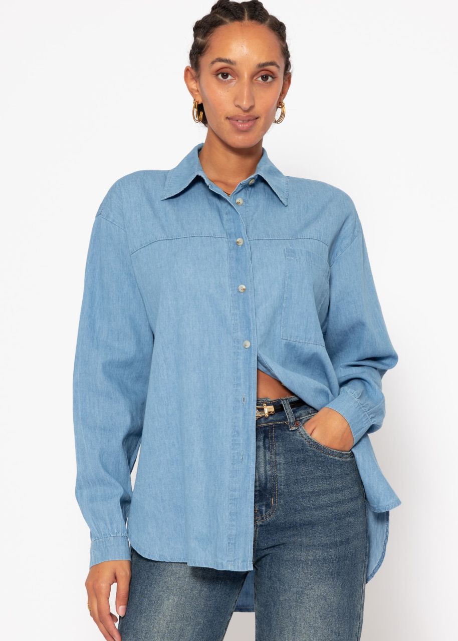 Casual denim shirt blouse with breast pocket - blue