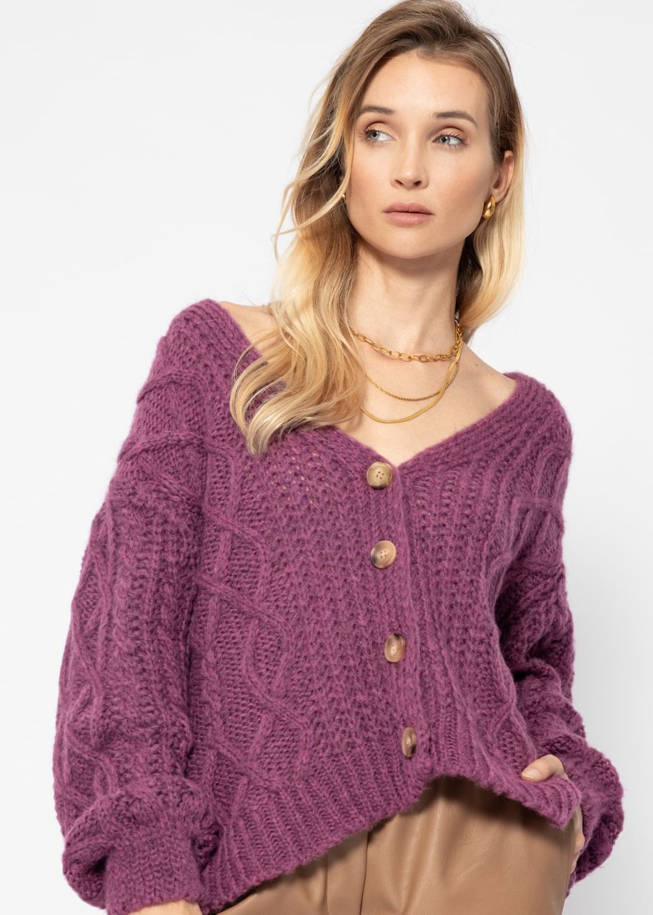 Oversized cardigan with cable knit pattern - aubergine