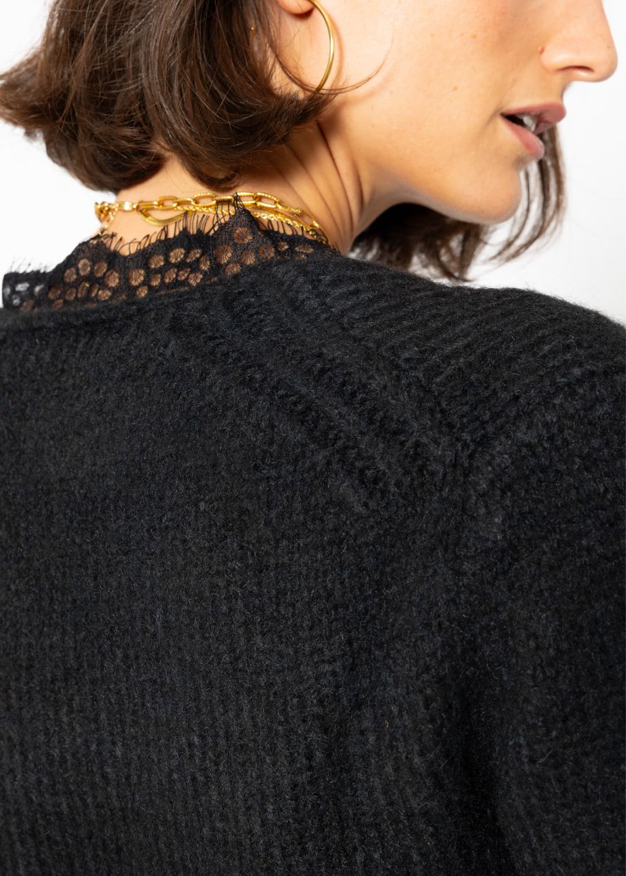 Jumper with lace neckline - black