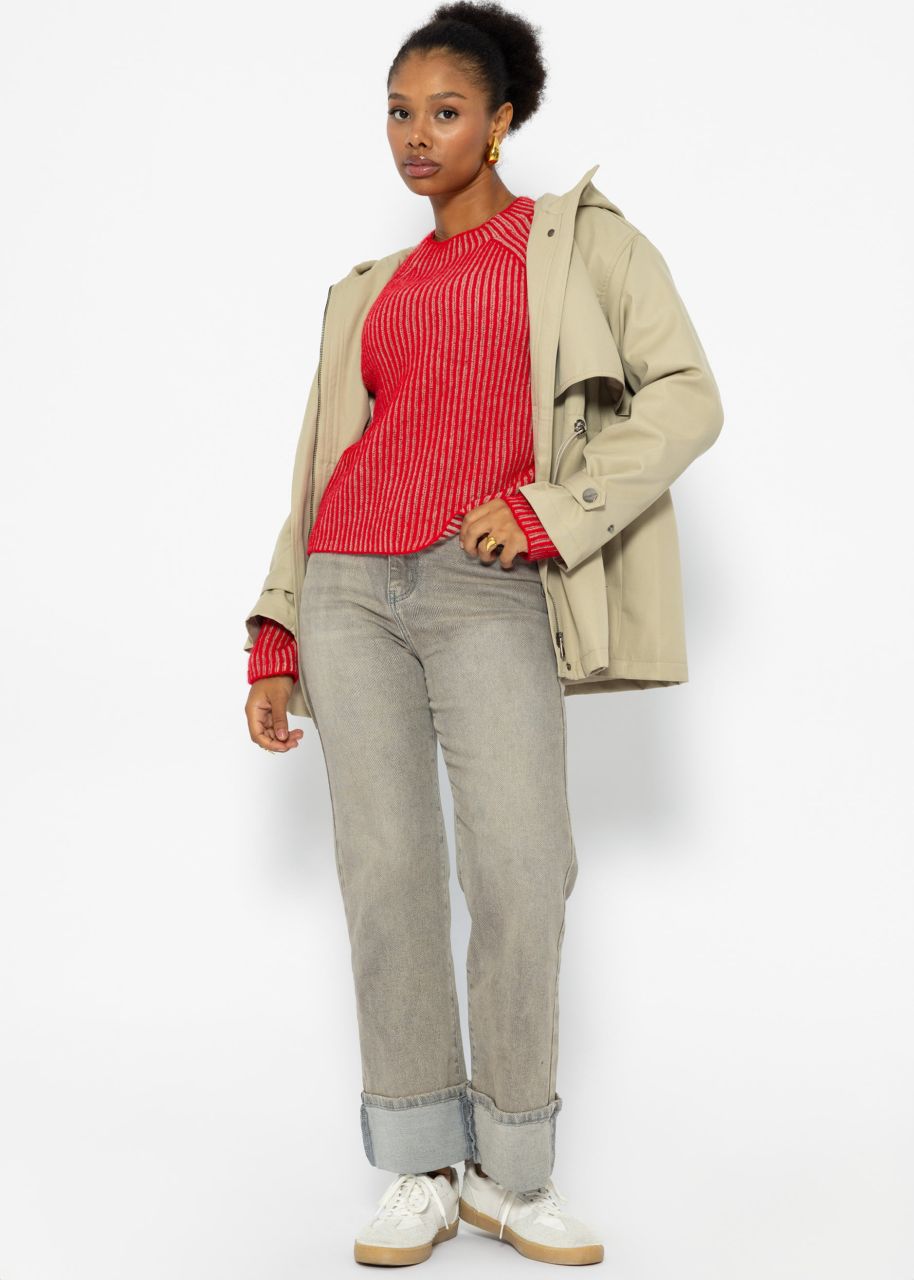 Two-coloured ribbed jumper - red-beige