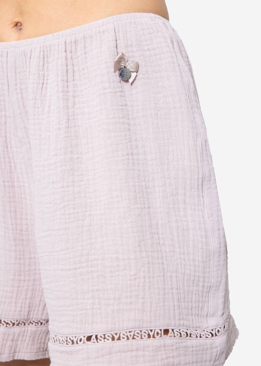 Muslin pyjama shorts with lace trim - dusky pink