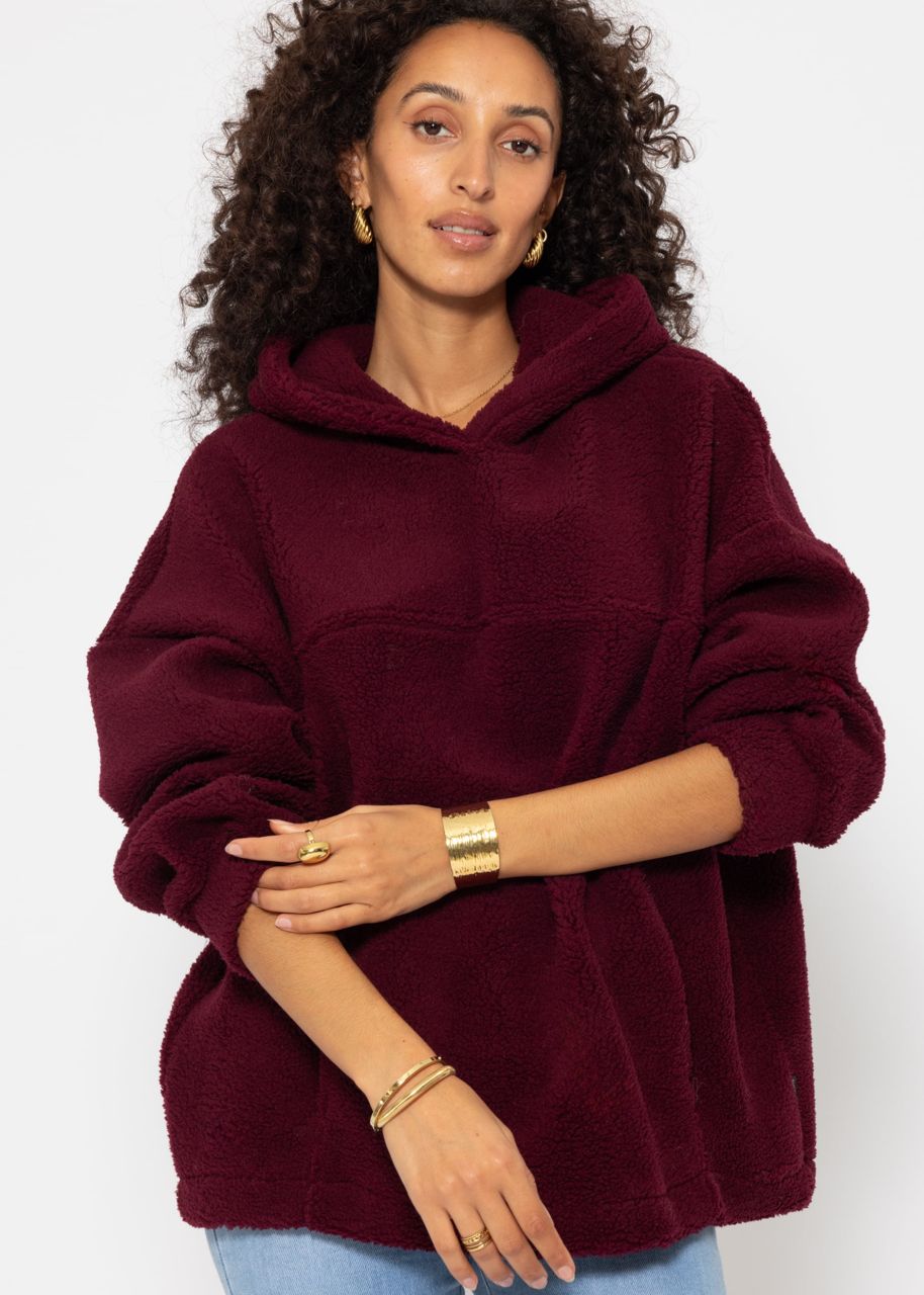 Oversized teddy sweatshirt with hood - burgundy