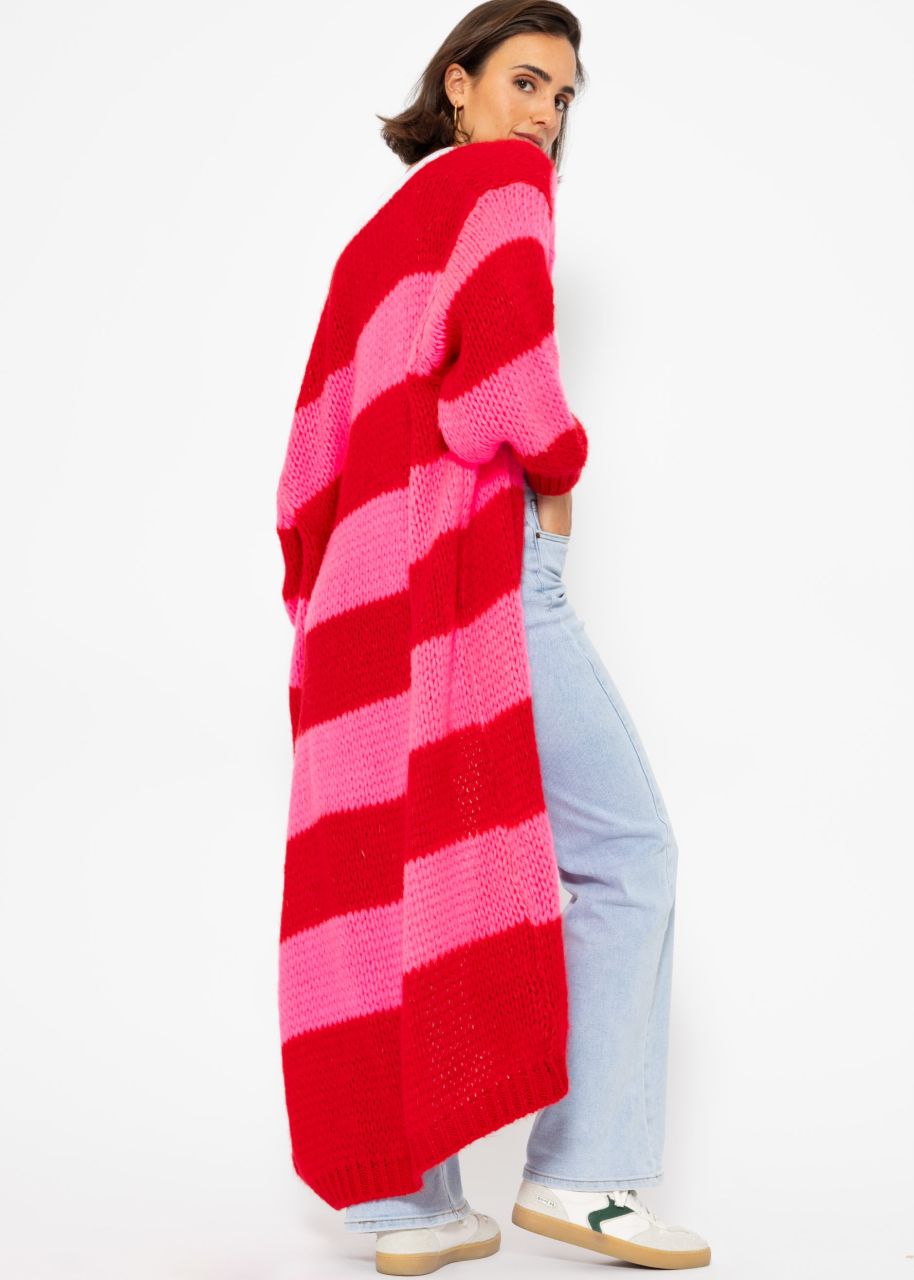 Extra long cardigan with block stripes - red-pink