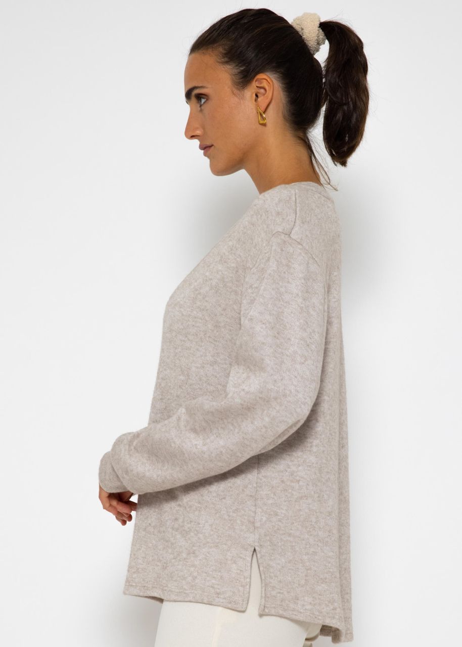 Oversize soft jumper with deep V-neck - taupe