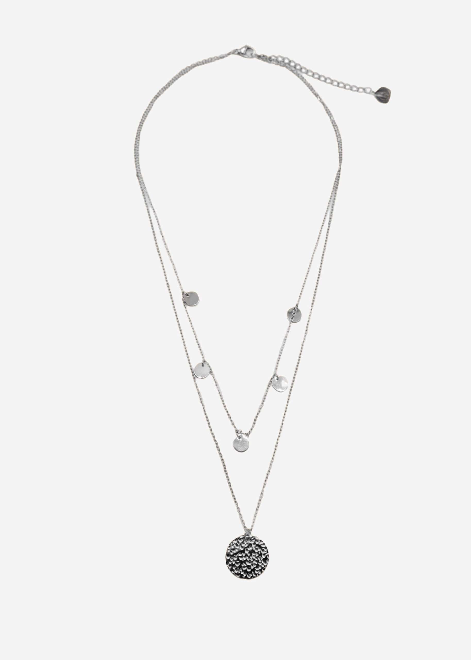 Combined necklace with pendant and delicate plates, silver