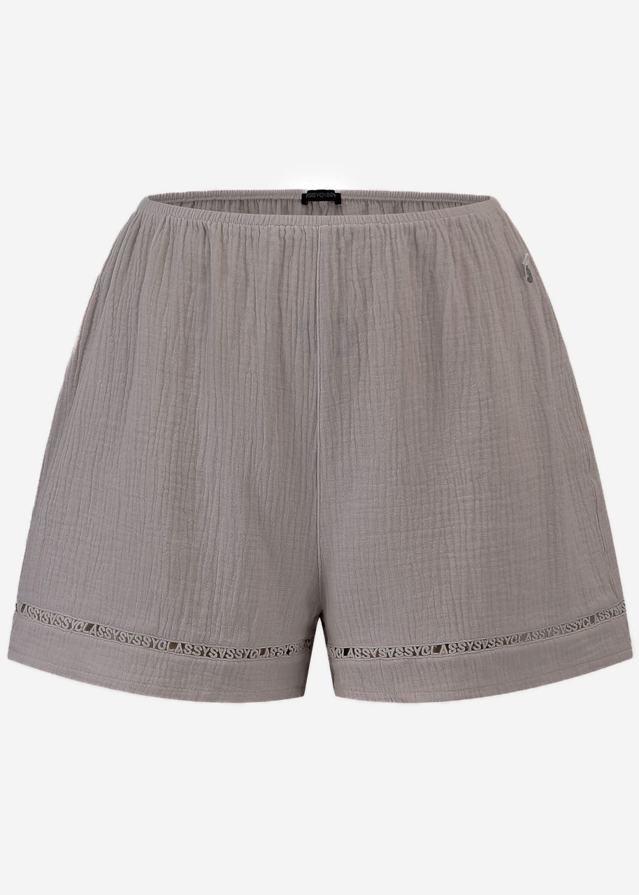 Muslin pyjama shorts with lace trim - taupe