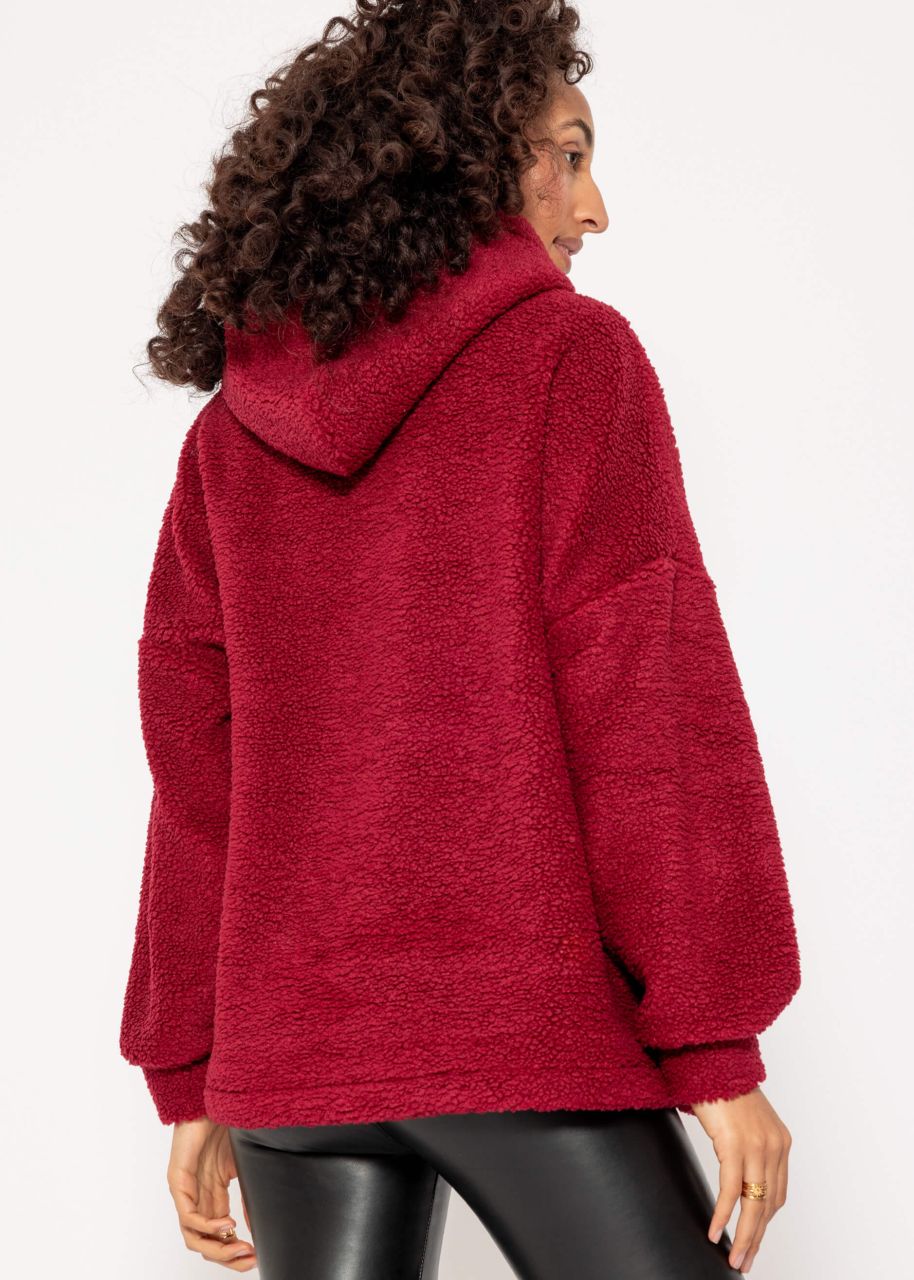 Oversized teddy sweatshirt with hood - wine red