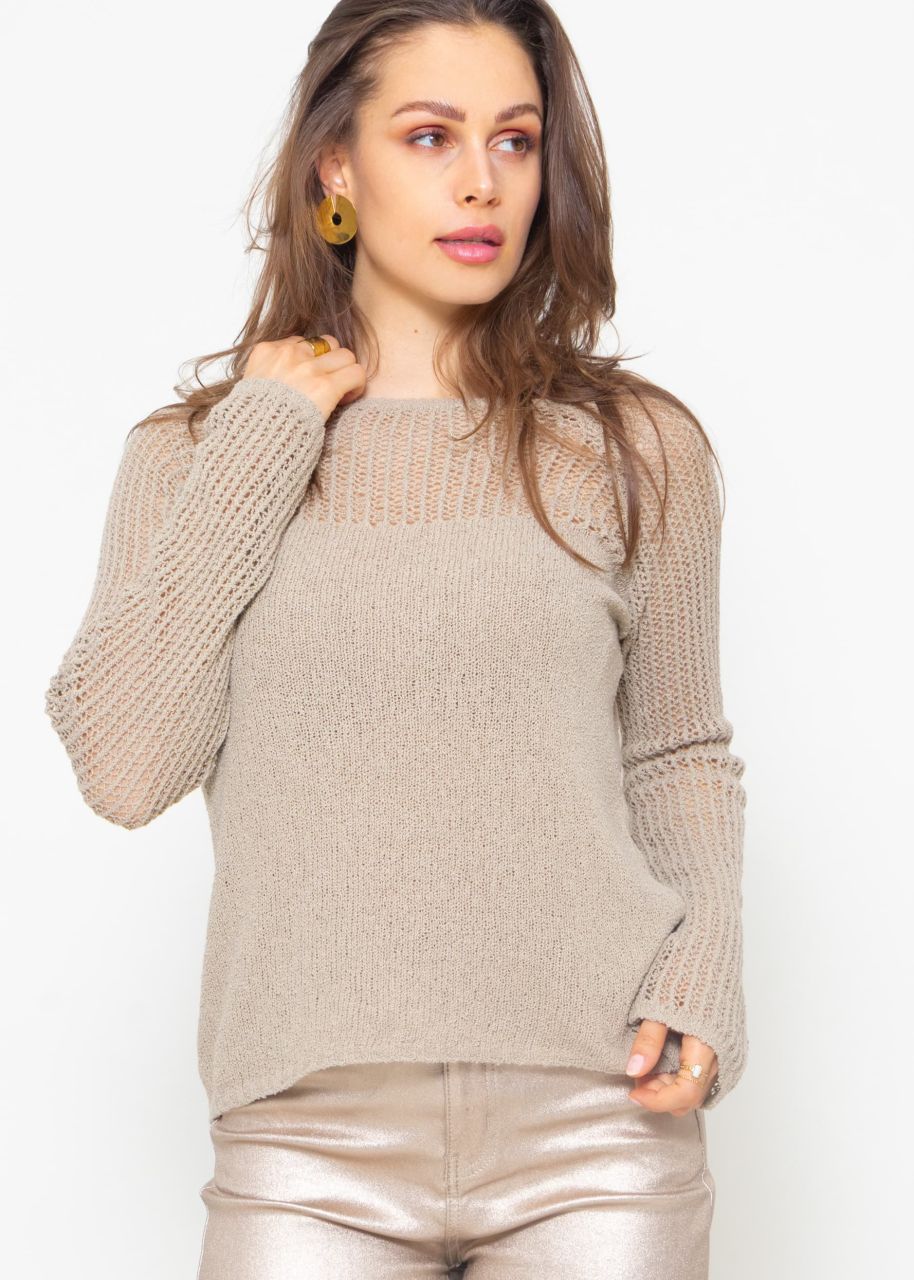 Jumper with mesh structure on sleeves and neckline - taupe
