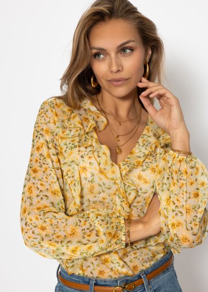 Chiffon Bluse mit Rüschen - gelb