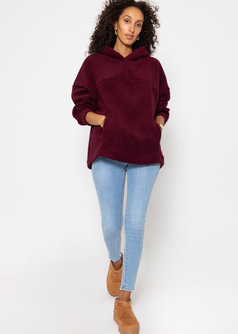 Oversized teddy sweatshirt with hood - burgundy