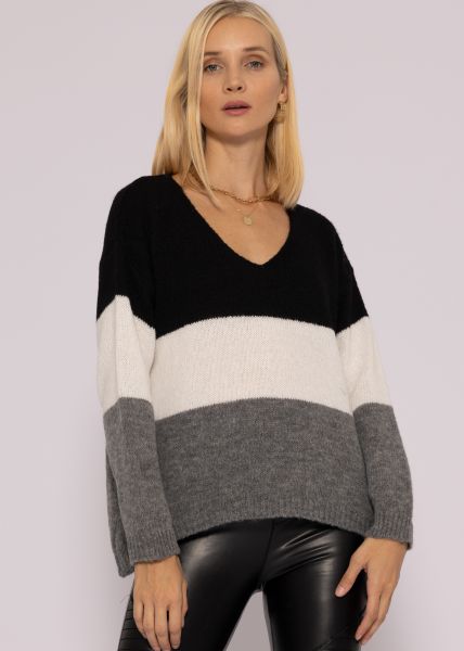 Pullover mit V-Ausschnitt, schwarz/weiß/grau