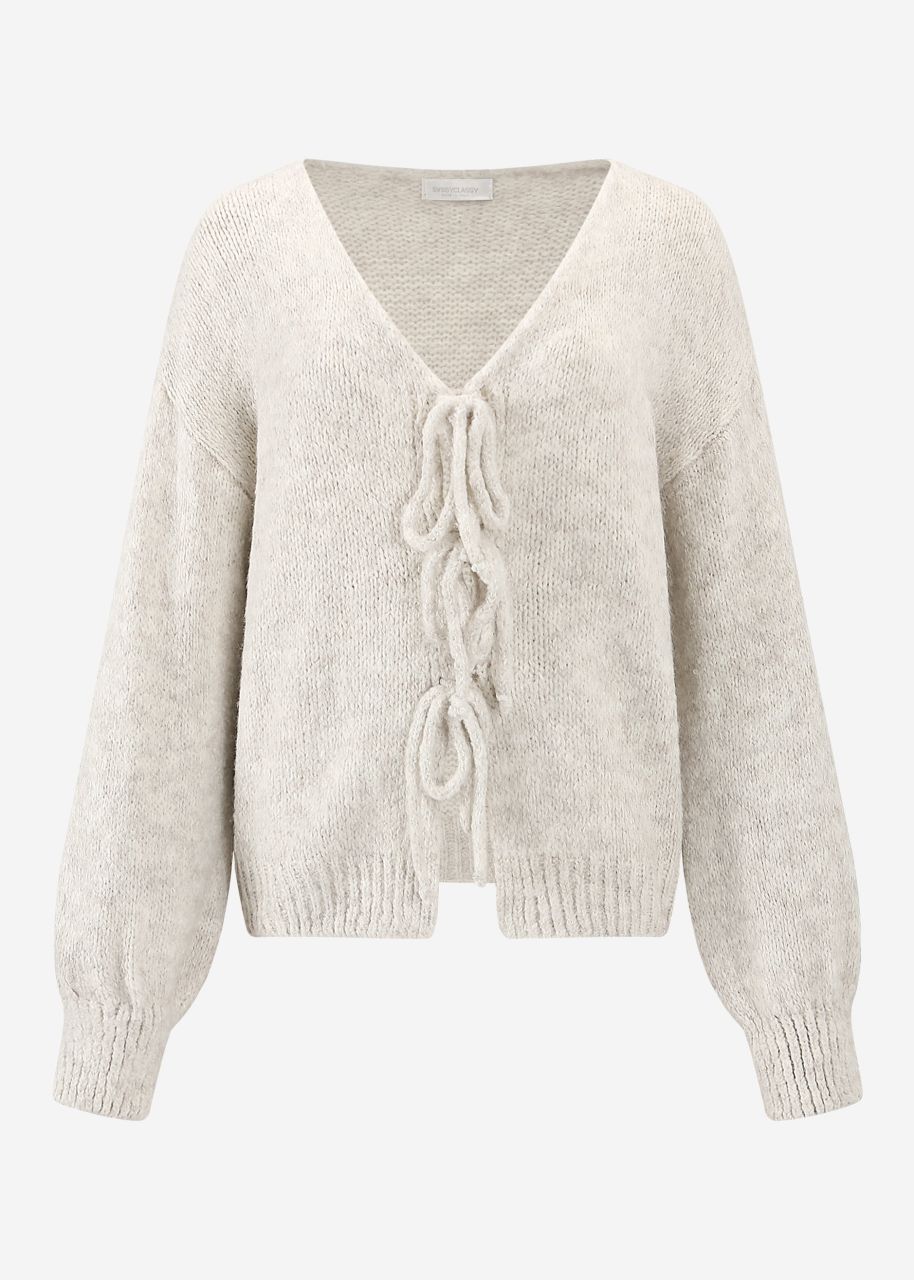 Fluffy cardigan with bow fastening - greige