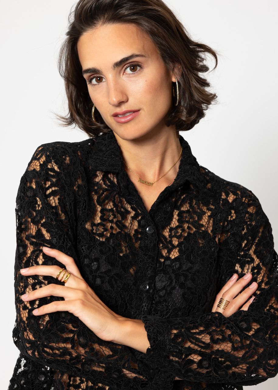 Lace blouse with velvet effect - black