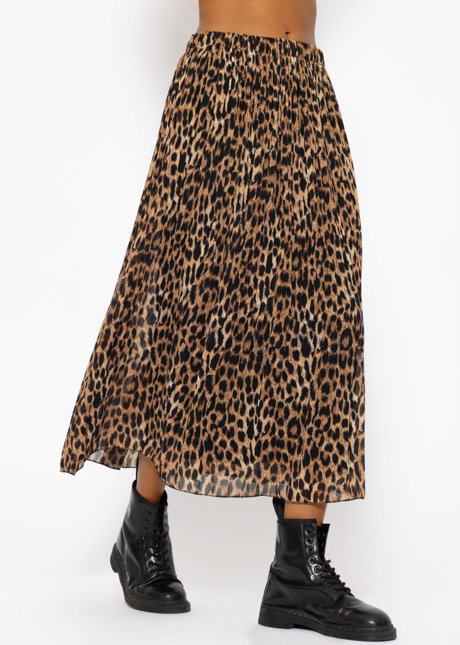 Long pleated chiffon skirt with leopard print in brown