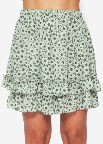 Flouncy skirt with ruffles and floral print - green