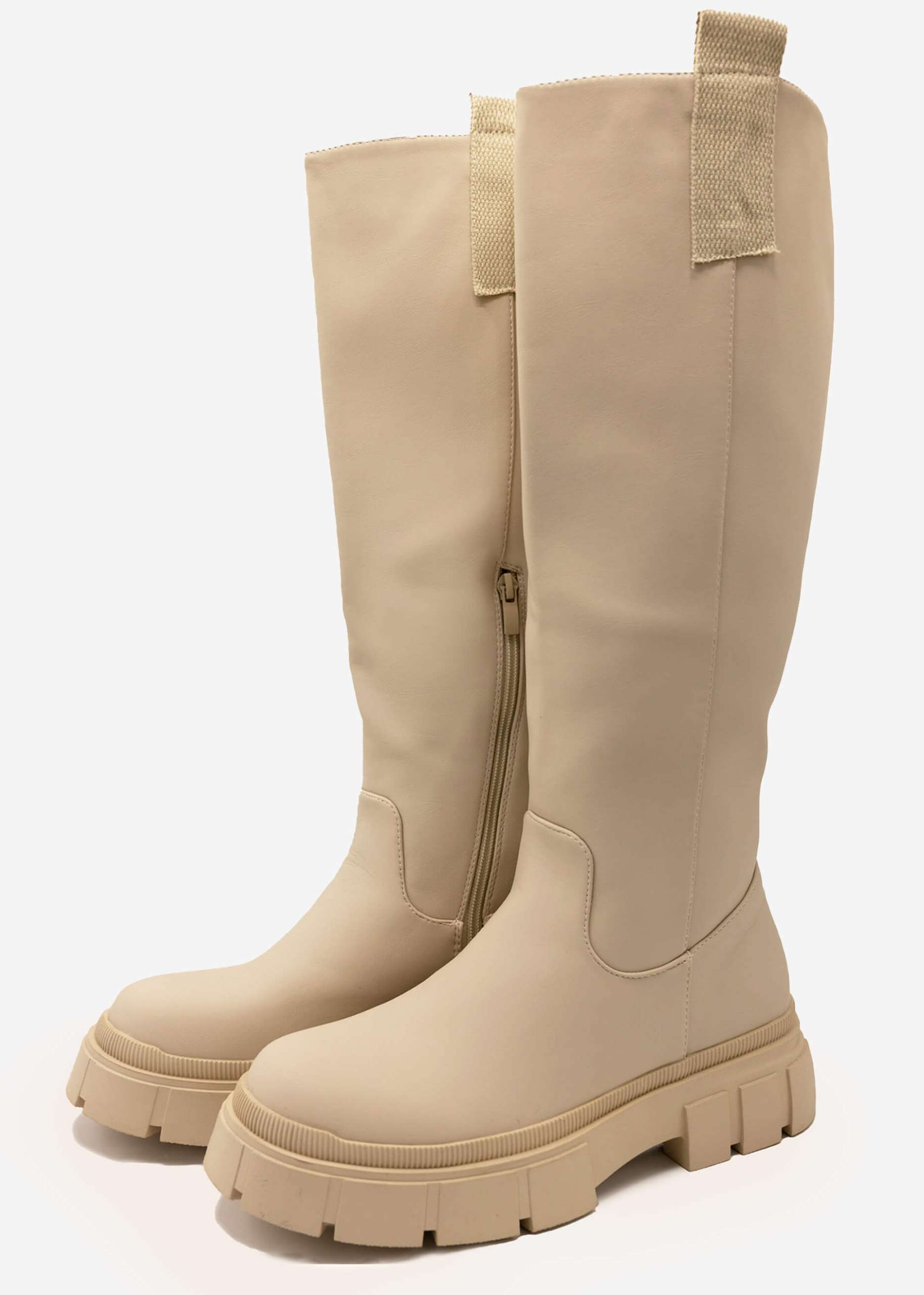 Knee high boots with tabs, light beige