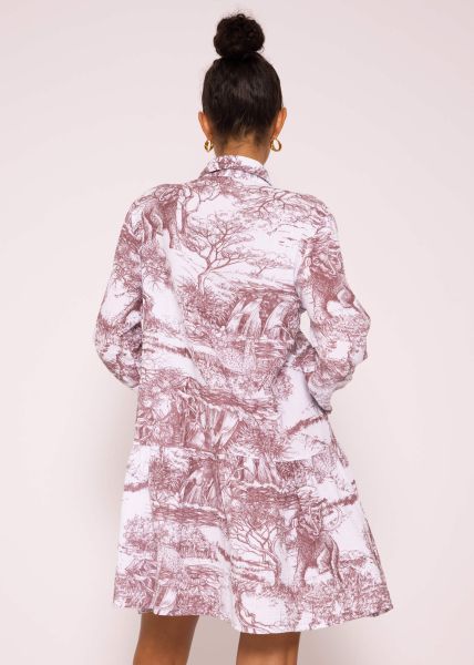 Muslin dress with long sleeves and print, wine red