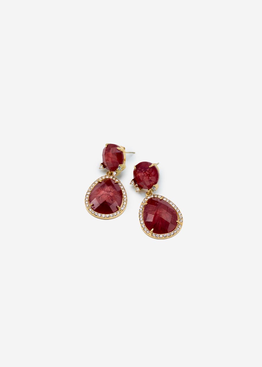 Stud earrings with red pendant - gold