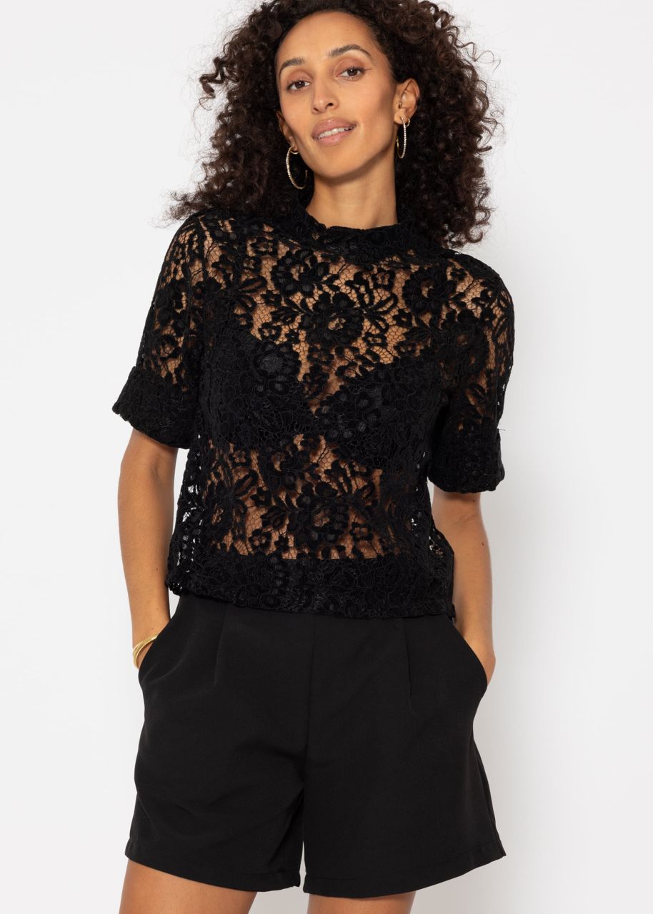 Lace shirt with velvet effect - black