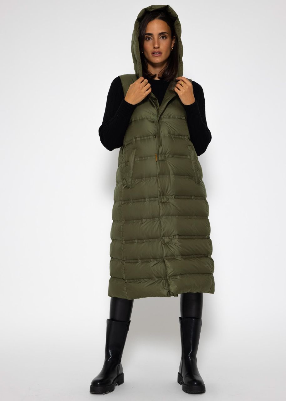 Long quilted waistcoat with hood - khaki