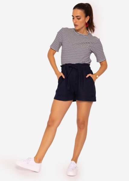 Linen shorts with paperbag waist, dark blue