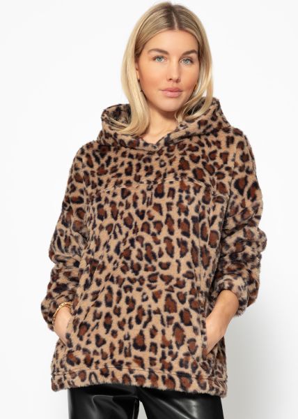 Oversized teddy hoodie in leo print - beige