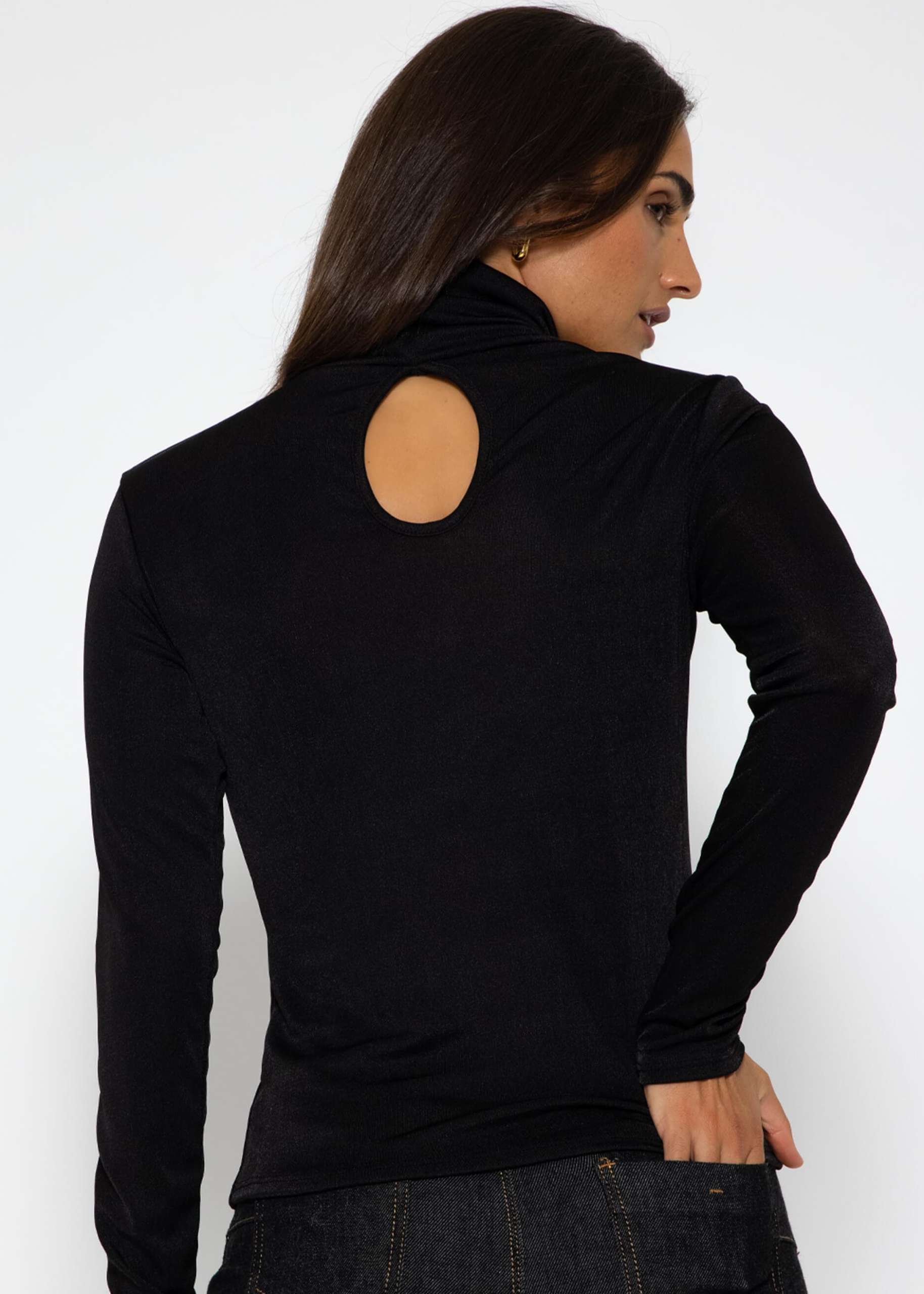 Flowing long-sleeved shirt with turtleneck and back cut-out - black