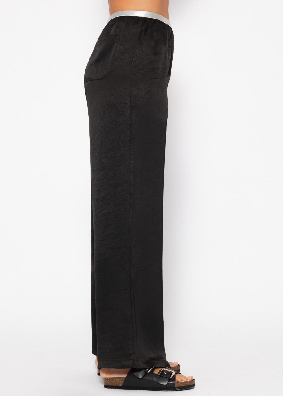Satin pants with silver elastic waistband - black