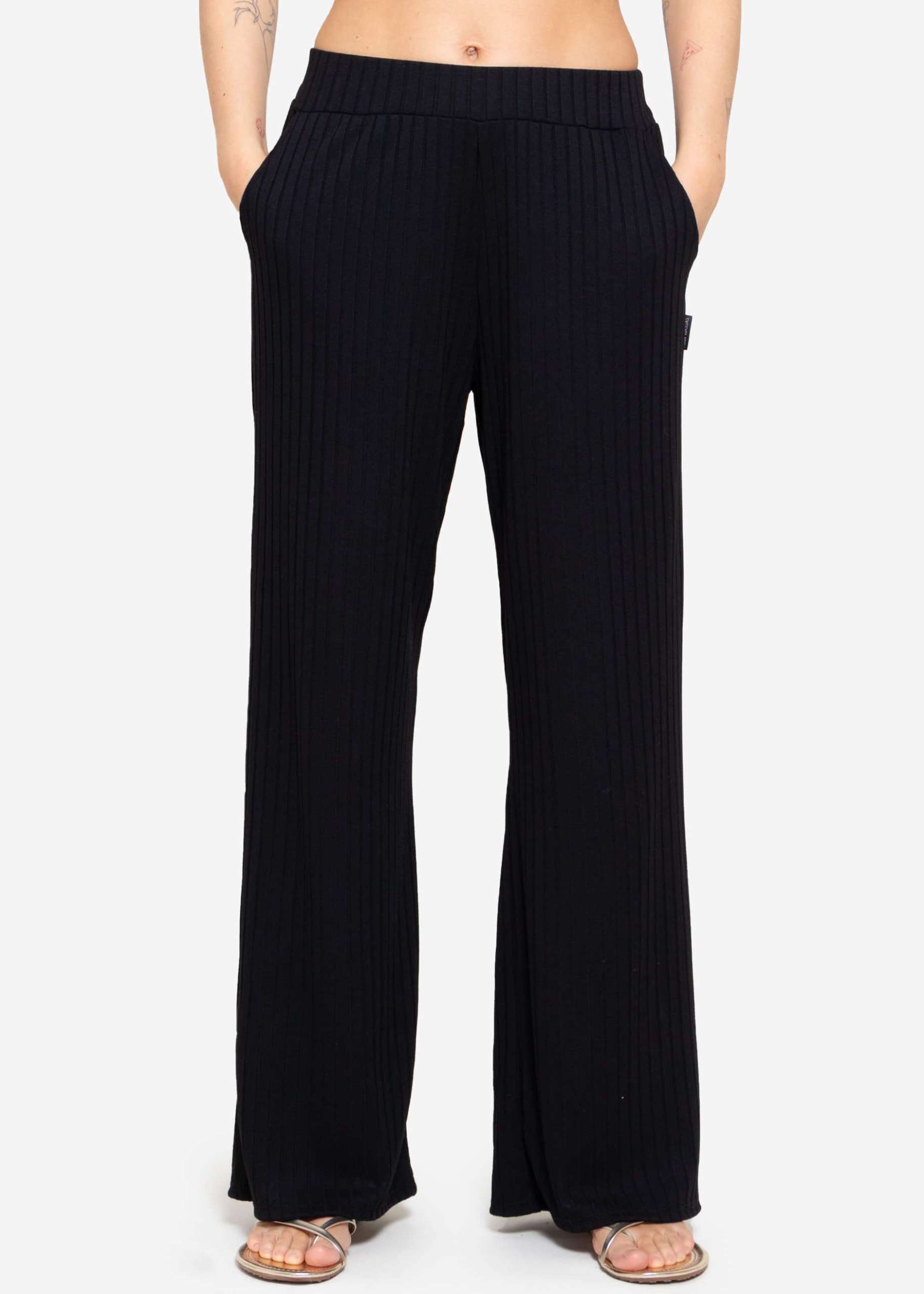 Wide, ribbed jersey trousers - black