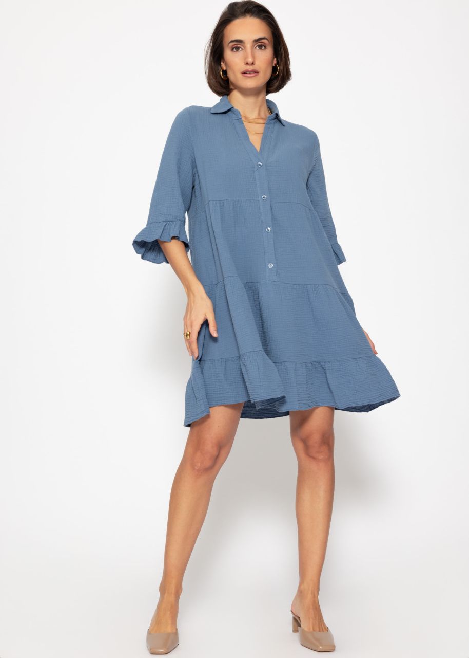 Muslin dress with flounces - denim blue