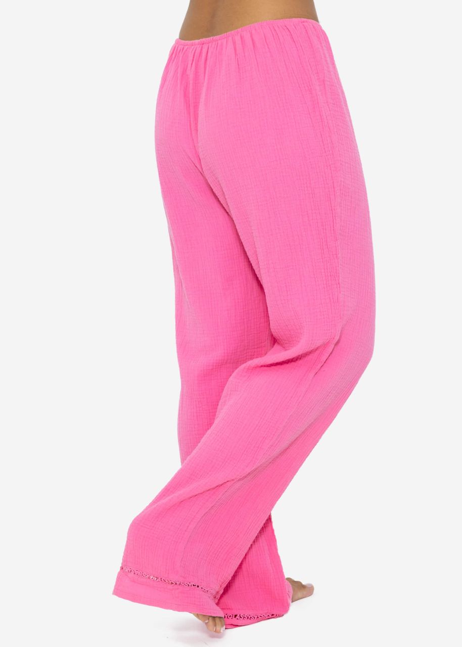 Muslin pyjama bottoms with lace trim - pink