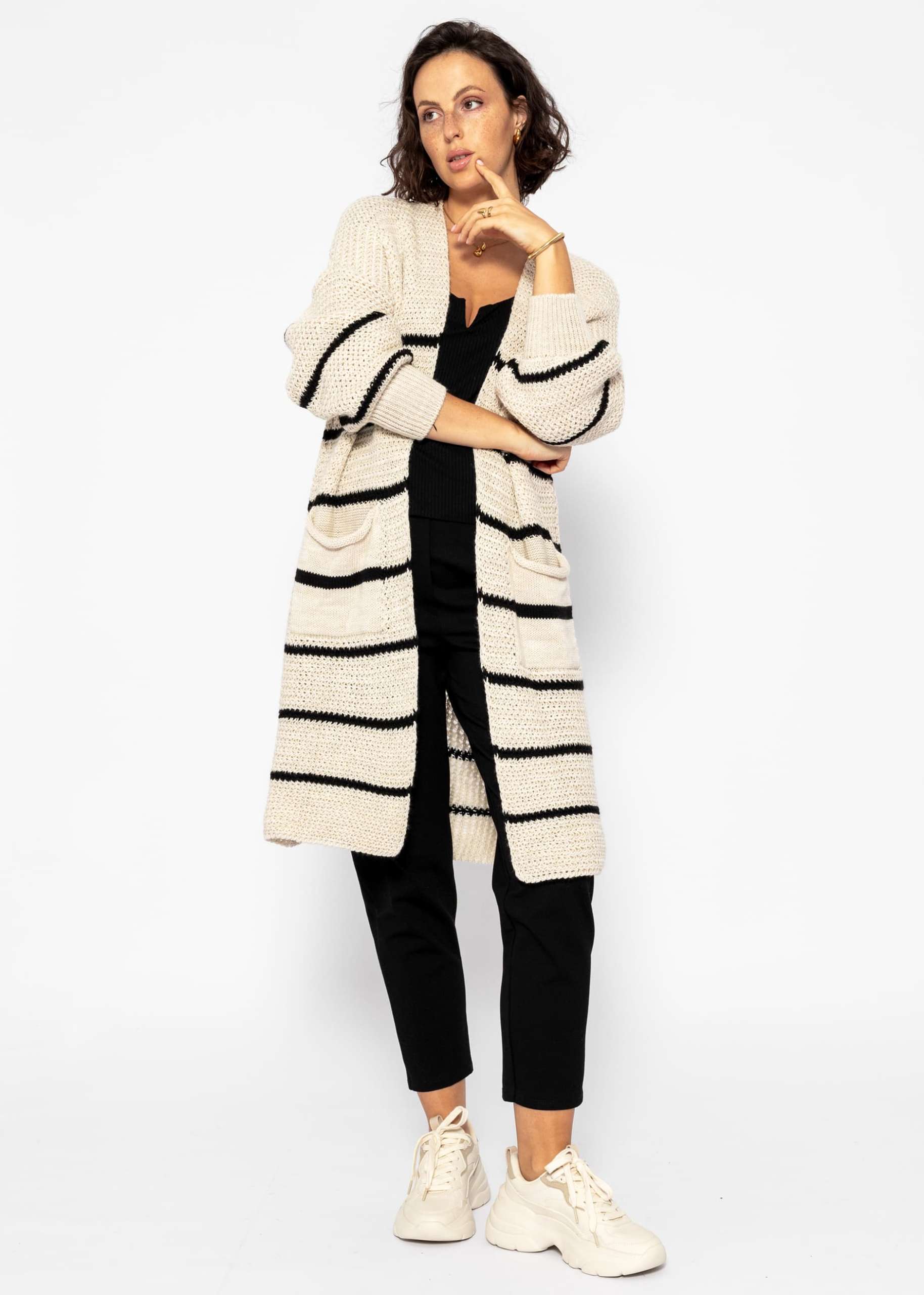 Long cardigan with stripes - beige-black