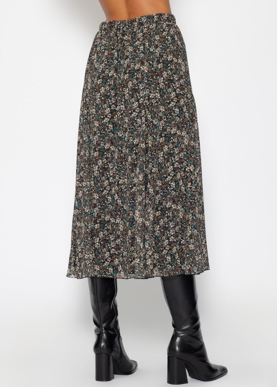 Long chiffon skirt with floral print - black