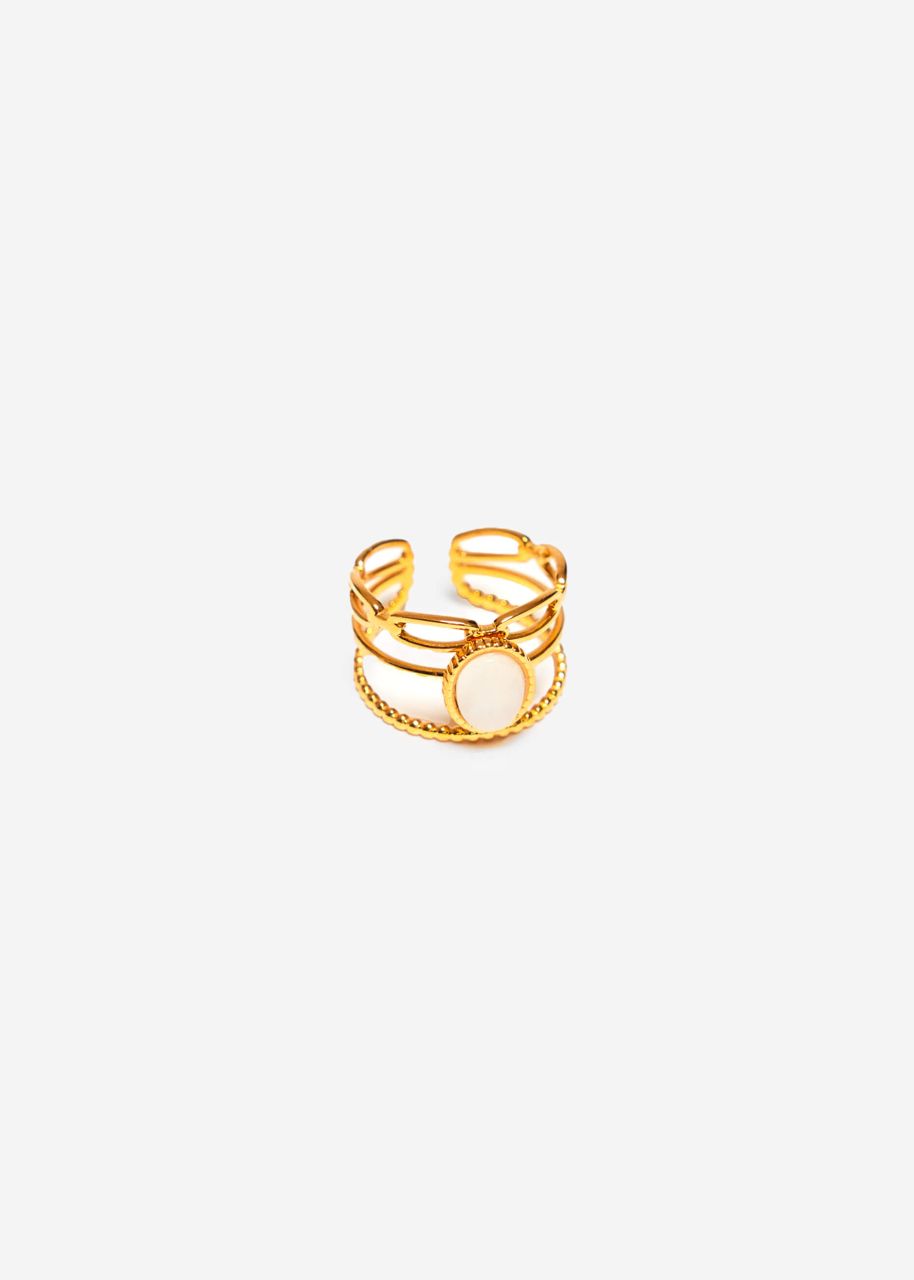 Three-piece ring with whie gemstone - gold