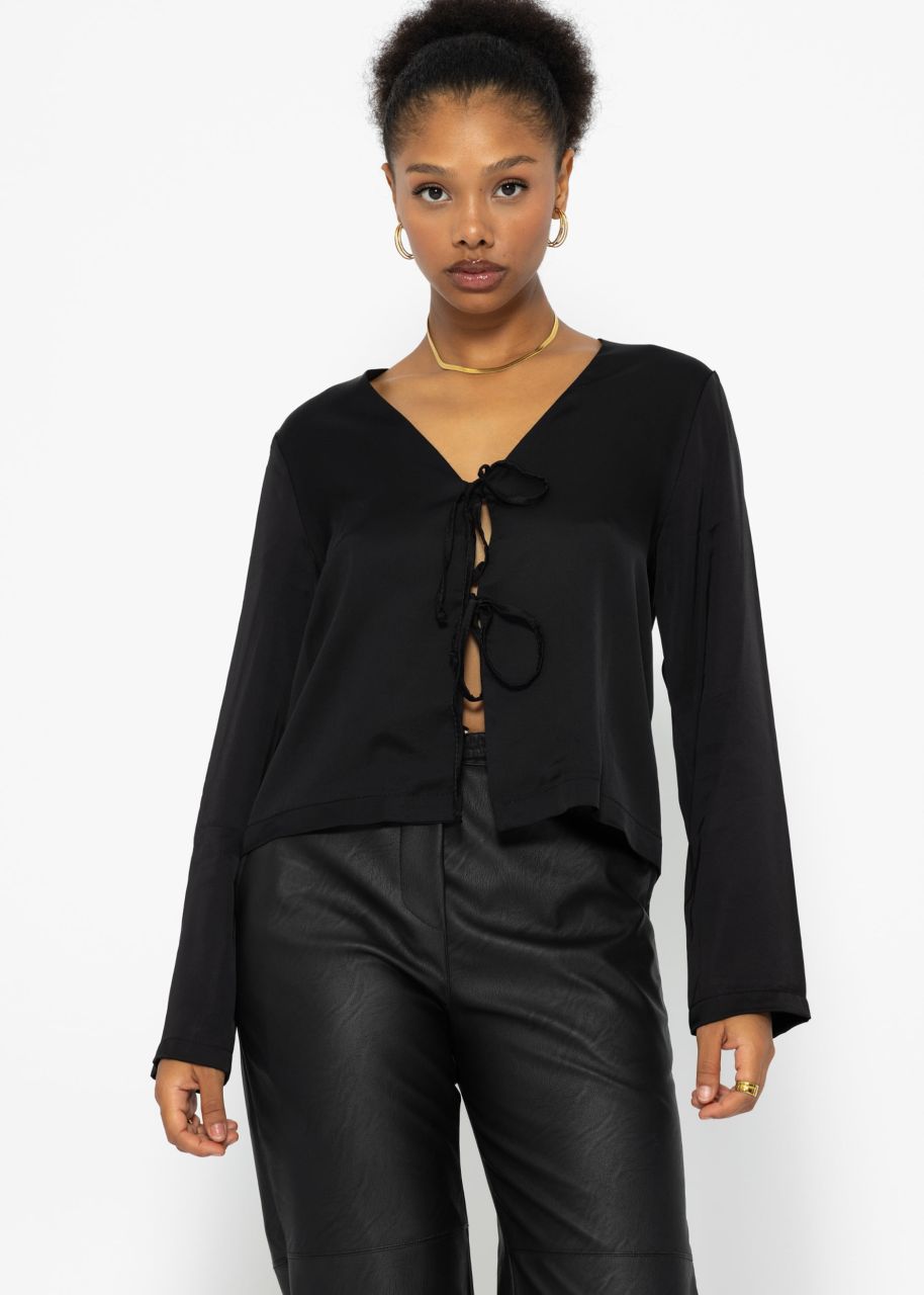 Satin blouse with tie ribbons - black