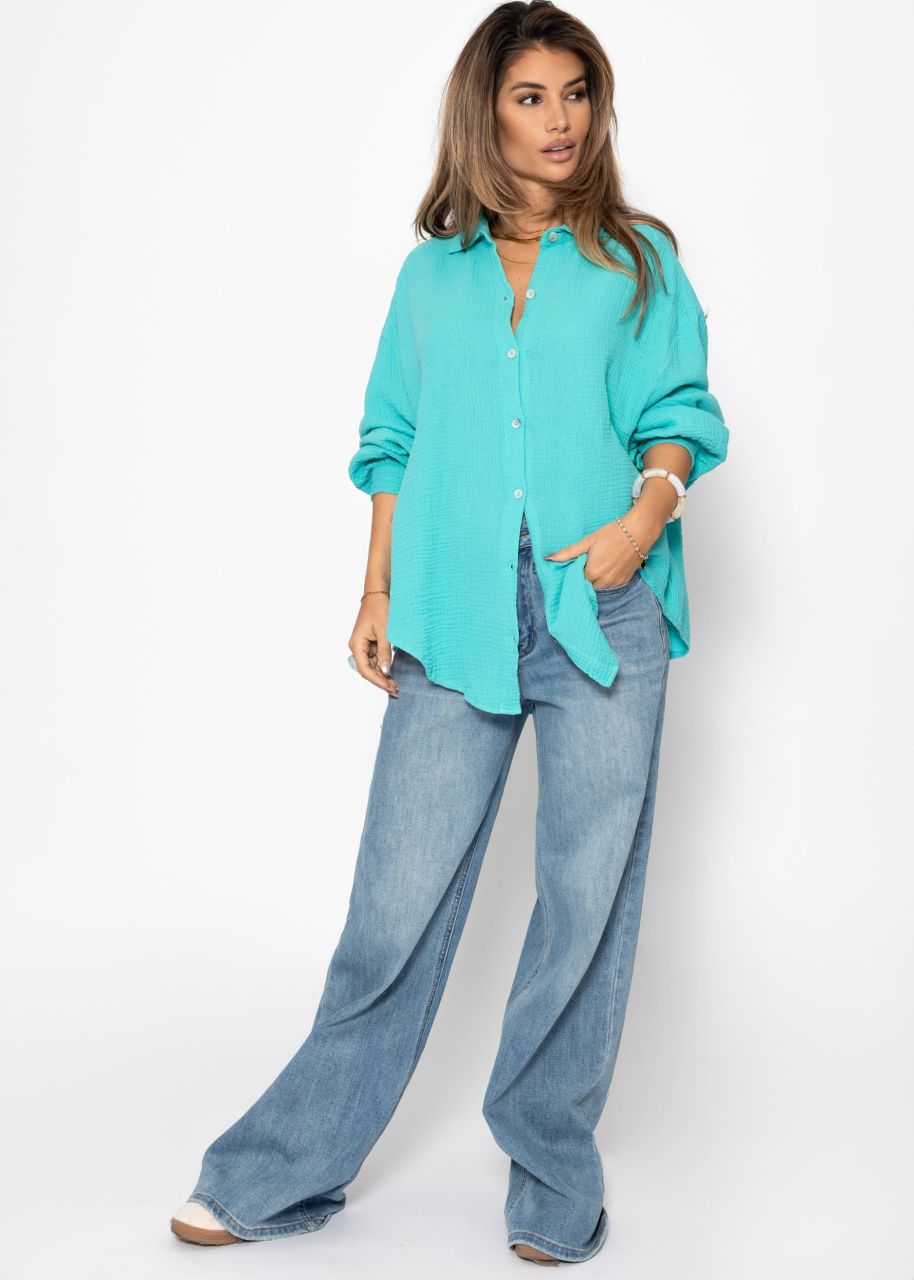 Muslin blouse oversize, short, turquoise