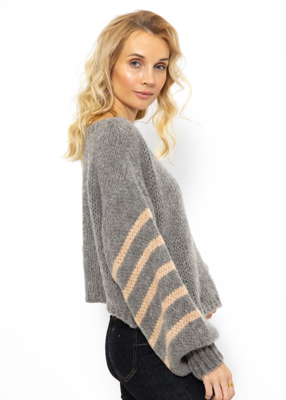 Jumper with striped sleeves, grey-beige