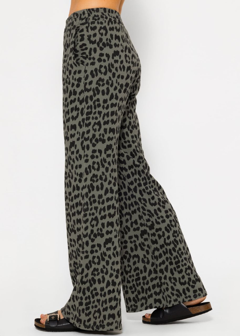 Muslin pants with wide legs in leopard print - khaki