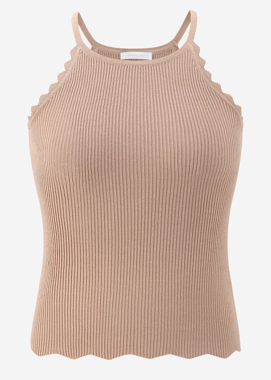 Knit top with scalloped edge, camel