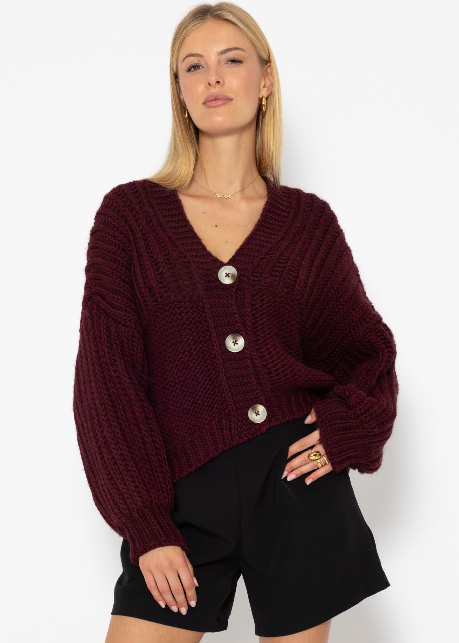 Jessica Haller Knitted cardigan with ribbed sleeves and button placket - burgundy