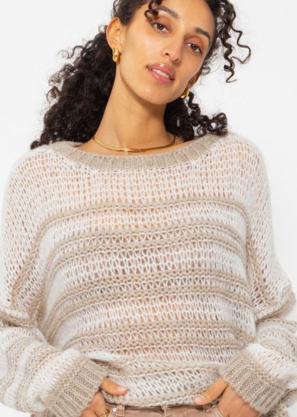Striped sweater in soft chunky knit - beige-offwhite